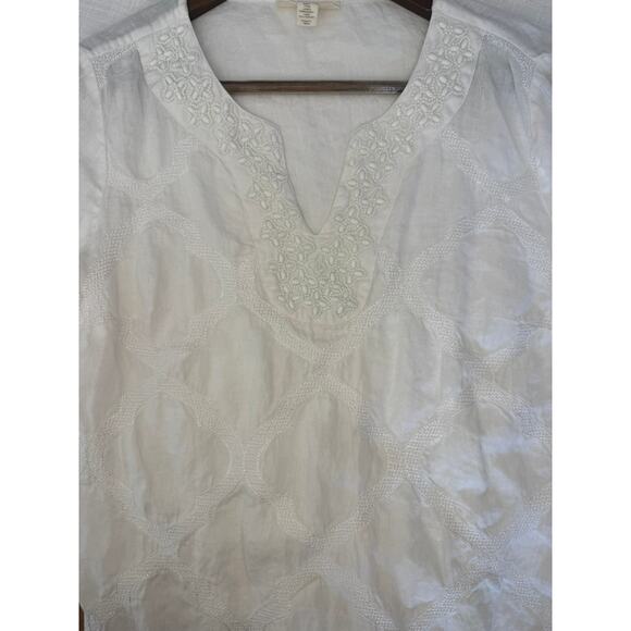 Charter Club White 3/4 Sleeve 100% Linen Embroidered Tunic Top Size Small - Picture 2 of 11
